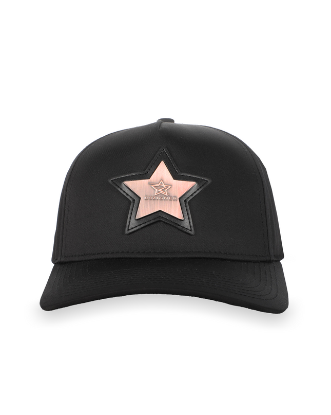 Front view of D3ZIGNER Signature Metal Logo Baseball Cap for Men in Copper Logo