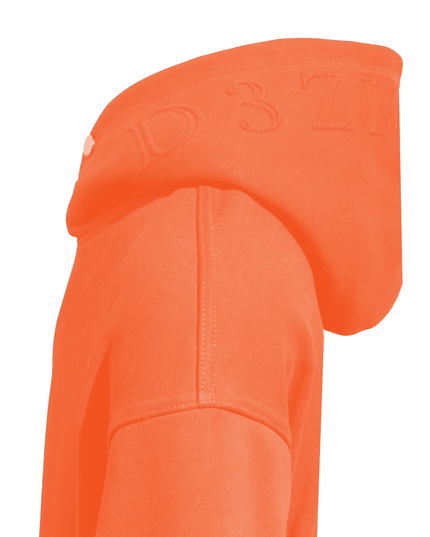 Detailed view of embossed pattern on D3ZIGNER Hoodie in Orange