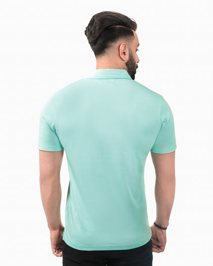 Back view of D3ZIGNER Men's Supima Cotton Polo T-Shirt in Sky Blue