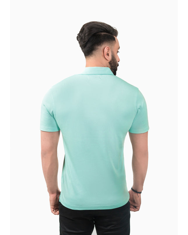 Back view of D3ZIGNER Men's Supima Cotton Polo T-Shirt in Sky Blue