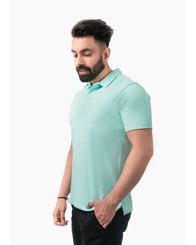 D3ZIGNER Men's Ultra Soft Supima Cotton Polo T-Shirt side view in Sky Blue
