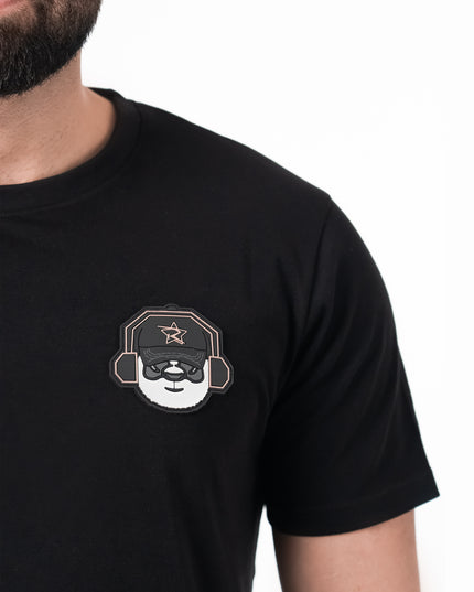 Detailed view of panda logo on D3ZIGNER Signature Crew Neck T-Shirt