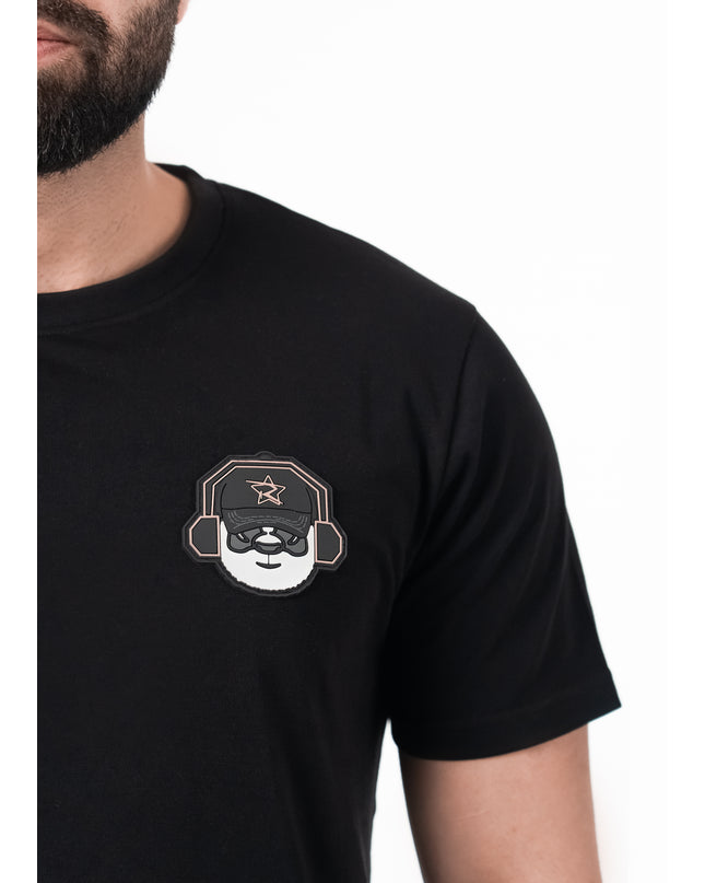 Detailed view of panda logo on D3ZIGNER Signature Crew Neck T-Shirt